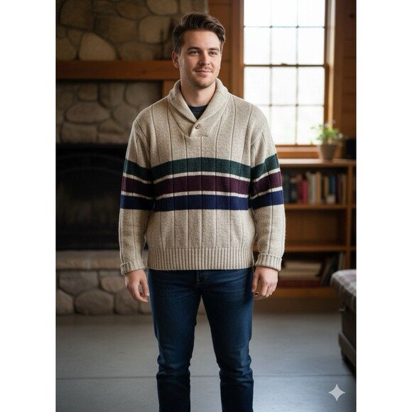 Vintage 1990s Eddie Bauer Mens Striped Wool Cowl Neck Chunky Sweater L - Picture 1 of 9